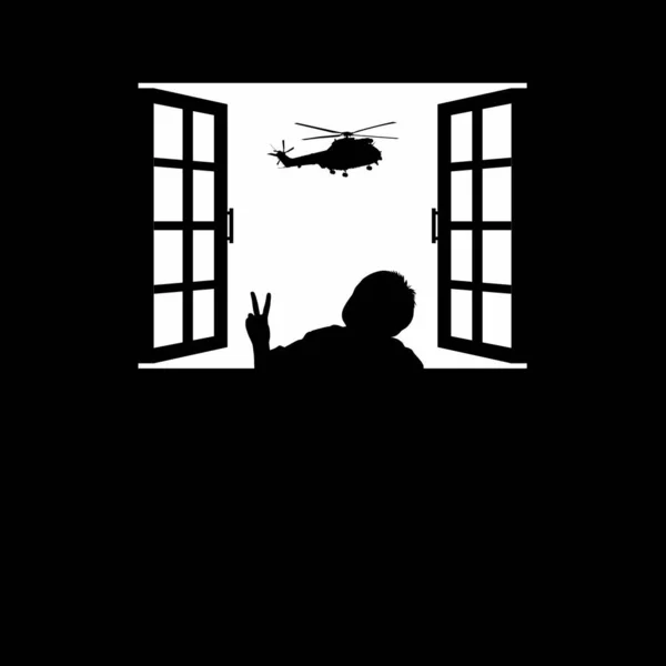 Ataque Helicóptero Vehículos Militares Los Niños Dan Señal Mano Paz — Vector de stock