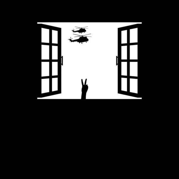 直升机袭击 军用车辆 窗台轮廓上的和平旗与和平标志手牌 停止战争 没有战争或战争的象征已经结束 病媒图解 — 图库矢量图片