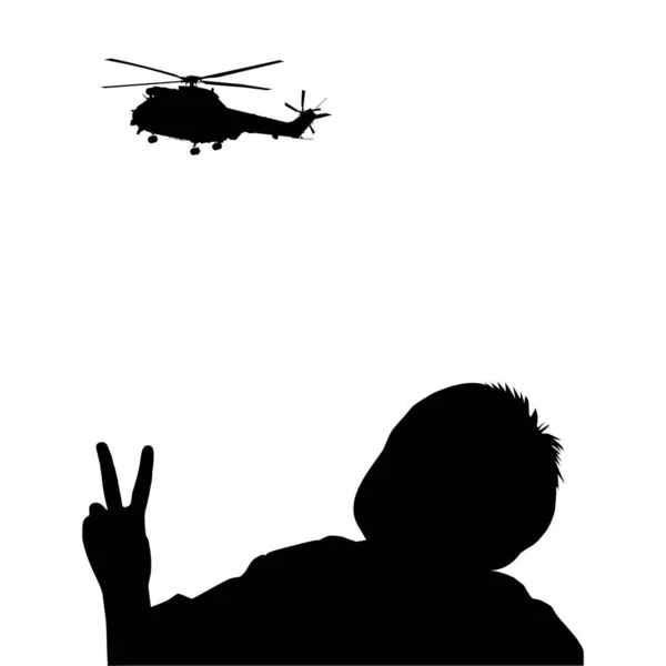 Shilouette Children Little Boy Give Peace Hand Sign Helicopter Attack — Vector de stock