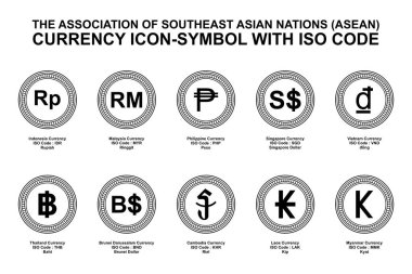 ISO kodlu Güneydoğu Asya Ulusları Derneği (ASEAN) Para Birimi Simgesi Simgesi. Vektör İllüstrasyonu