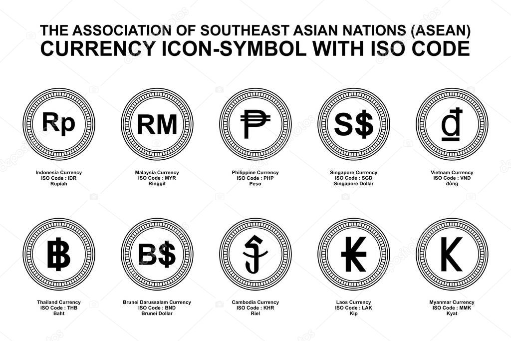 The Association of Southeast Asian Nations (ASEAN) Currency Icon-Symbol with ISO Code. Vector Illustration