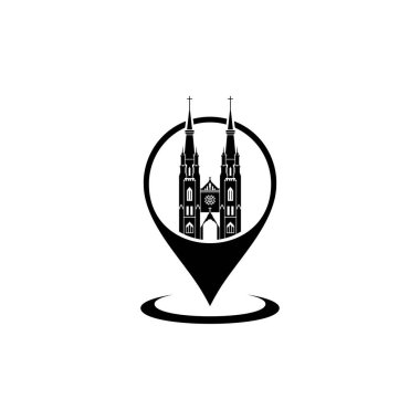 Katedral Konum Simgesi Pictogram, İmza, Web Sitesi, Uygulama veya Grafik Tasarım Elemanı. Vektör İllüstrasyonu 