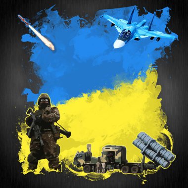 Arm Ukraine Now, patriotic Ukrainian blue-yellow background, weapons, flag of Ukraine