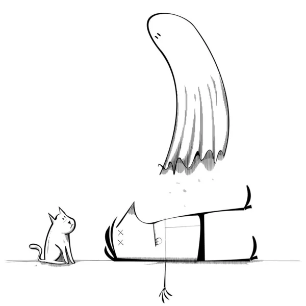 Der Mensch Stirbt Und Die Katze Schaut Auf Seinen Geist — Stockvektor