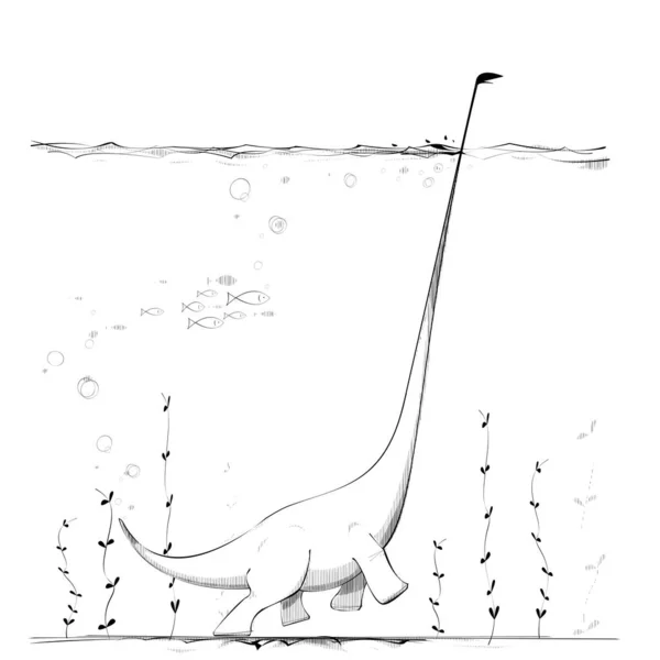 Dinosaur Walks Long Water Vector Illustration — Stock Vector