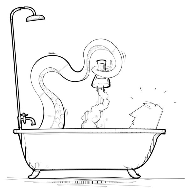 Tentacle surprises man in bath tub. Vector illustration