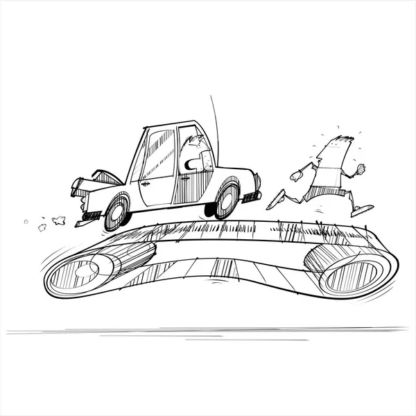 Mann Und Wütendes Auto Laufen Auf Laufband Vektorillustration — Stockvektor