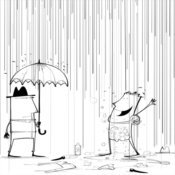 Man Takes Shower Rain Vector Illustration — Stock Vector