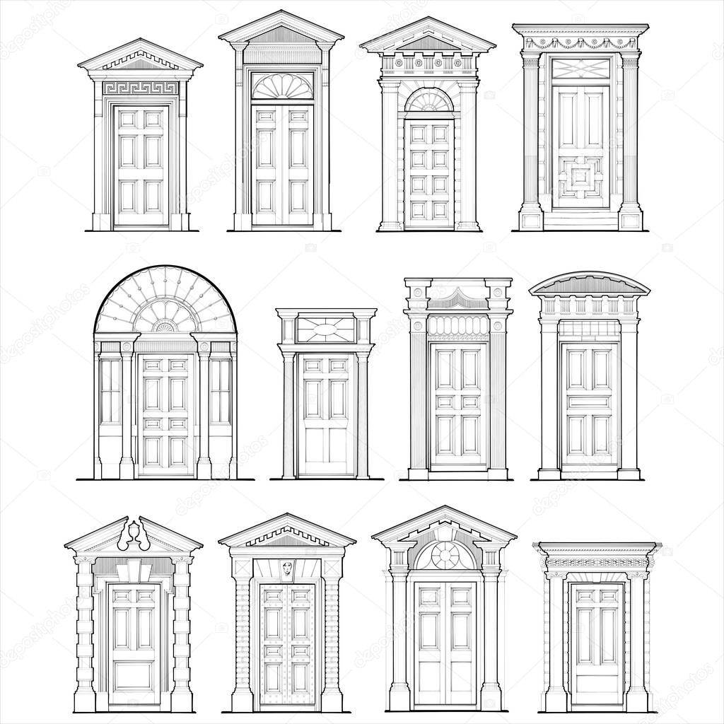 Various Georgian Door and Door Surround Details. Vector illustration