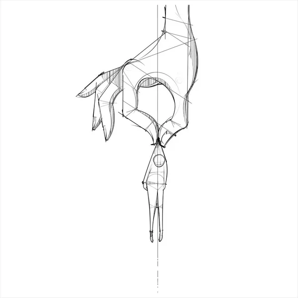 Gigantisk Hand Plockar Upp Sorglig Figur Vektorillustration — Stock vektor
