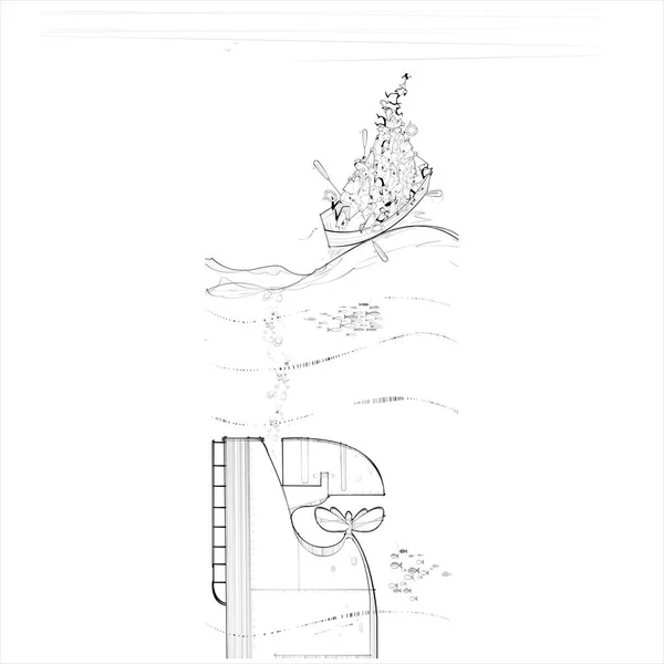 Equipaggio Una Nave Che Affonda Impilato Una Scialuppa Salvataggio Illustrazione — Vettoriale Stock