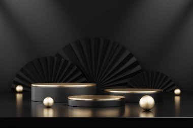 Siyah arka planda ürün gösterimi için siyah podyum. 3B görüntüleme.