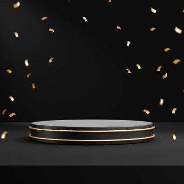 Siyah zemin üzerinde ürün gösterimi için soyut geometrik şekil podyumu. 3d oluşturma.