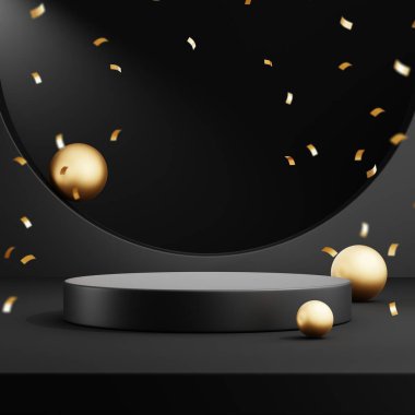 Siyah zemin üzerinde ürün gösterimi için soyut geometrik şekil podyumu. 3d oluşturma.