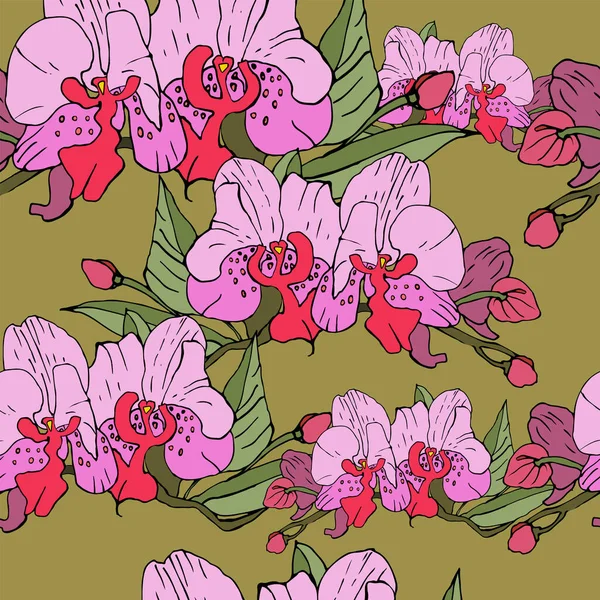 Yeşil bir arkaplanda çiçek orkideleri çizimi. El çizimi. Kusursuz desen