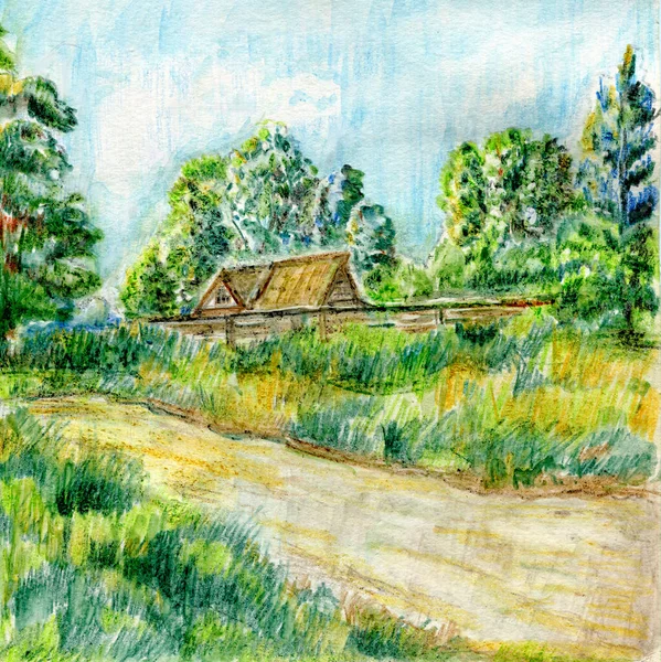 Gökyüzüne ve ağaçlara karşı bir ev manzarası.