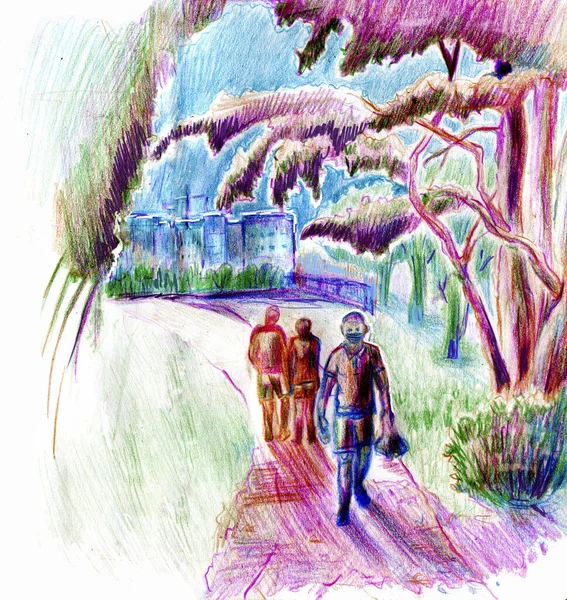 İnsanlarla dolu bir şehrin taslağı. Elle çizilmiş kalemlerle.