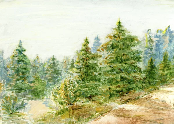 Ormanlı bir manzara. Suluboya kalemlerle elle çizilmiş.