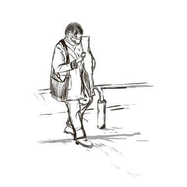 Elinde telefon olan bir adamın çizimi. Elle çizilmiş kalemlerle.