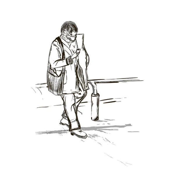 Elinde telefon olan bir adamın çizimi. Elle çizilmiş kalemlerle.