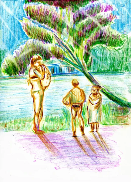 Sketch of people on the lake. Drawn by hand with watercolor pencils