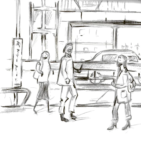 Sokaklarda insanların olduğu bir şehir çizimi. Kurşun kalemle çizilmiş.