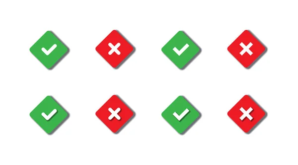 Marca Verificación Iconos Marca Botones Validación Verde Rojo Con Sombras — Vector de stock