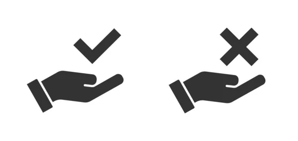 Häkchen Auf Dem Hand Symbol Symbole Bestätigen Und Ablehnen Flache — Stockvektor
