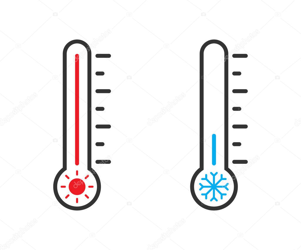 Thermometer icon. Weather Sign. Temperature icon. Temperature scale symbol. Cold and hot symbols. Flat vector illustration. 