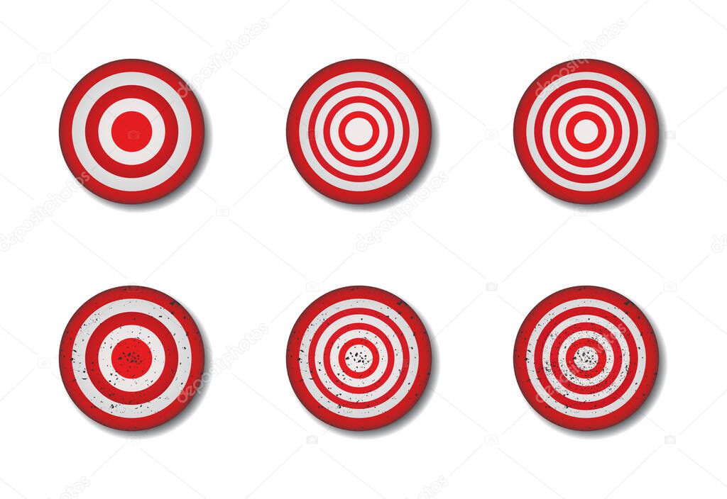 Red Archery target set. Red darts target aim. Flat vector illustration