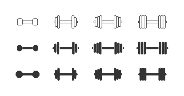 Dumbbell Icon Set Collection Dumbbells Various Forms Weight Linear Flat — Stock Vector