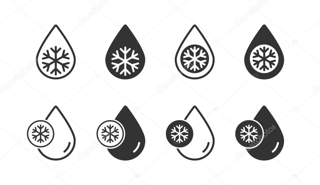 Defrost icon set. Snowflake and drop icon. Flat vector illustration