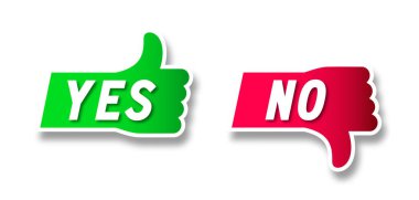 Evet ve hiçbir iz yok. Evet ve hayırla el oylaması. Başparmak yukarı ve aşağı kırmızı ve yeşil simge. Düz vektör illüstrasyonu.