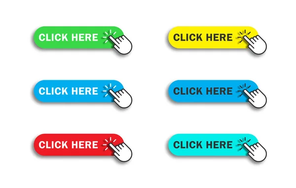 Κάντε Κλικ Εδώ Κουμπί Χέρι Δείκτη Κλικ Χρωματιστά Κουμπιά Ιστού — Διανυσματικό Αρχείο