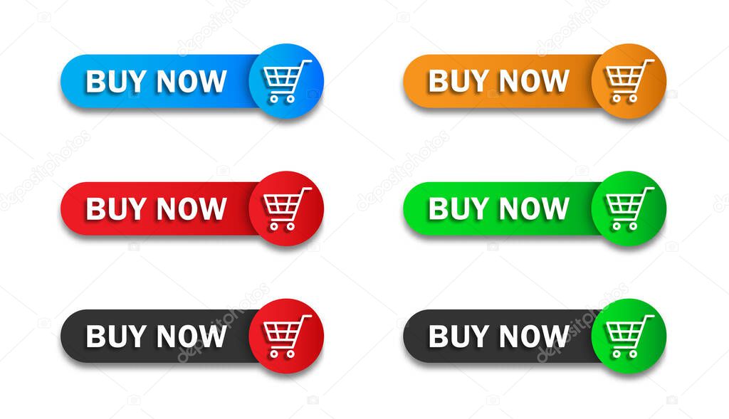 Buy now button with shopping cart icon. Buy now signage. Flat vector illustration.