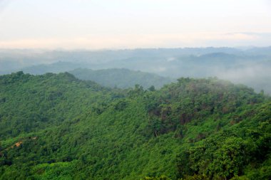 Bukit Biru Çenggarong Tepesi 'nin doğal manzarası. Yeşil ormanlar, açık mavi gökyüzü, sis, ağaçlar ve çok güzel binalar..