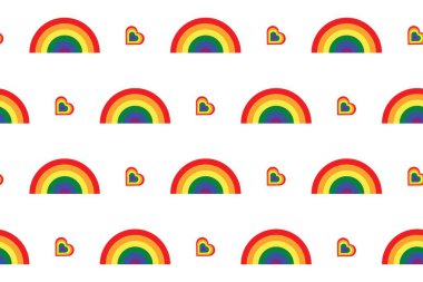 LGBT gökkuşağı ve kalpler kusursuz desen. Gurur Ayı. Sembol ve simge lgbt kültürü. Kusursuz bir geçmişi olan gökkuşağı geçidi gururu. Tekstil, kumaş, ambalaj kağıdı, duvar kağıdı için LGBT deseni.