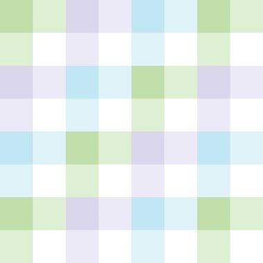 Geometrik vektör 8x8 ilkbahar yazı için desen. Renkli pastel gingham tartan ekoseli yumuşak yeşil, mor, mavi, beyaz hediye kağıdı, masa örtüsü, mendil, battaniye, Paskalya bayramı tasarımı.