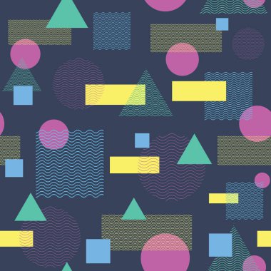 Koyu arkaplanda çok renkli geometrik şekilli vektörsüz desen. Retro vintage soyut sanat baskısı. Moda 80 'ler-90' lar. Memphis tarzı tasarım. Duvar kağıdı, kumaş tasarımı, kumaş, kağıt, tekstil.