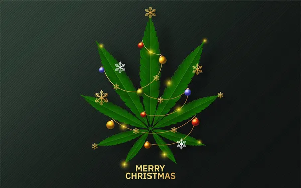 Merry Christmas Cannabis Marijuana Plant Greeting Card Elements Paper Cut — Stock Vector