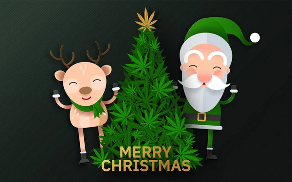 Feliz Navidad Cannabis Planta Marihuana Tarjeta Felicitación Elementos Papel Cortado — Archivo Imágenes Vectoriales