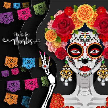 Ölüler günü, Dia de los muertos, kadife çiçekli şeker kafatası siyah arka plan üzerinde çelenk.