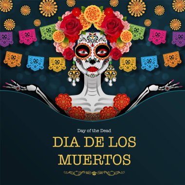 Ölüler günü, Dia de los muertos, kadife çiçekli şeker kafatası siyah arka plan üzerinde çelenk.