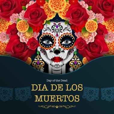 Ölüler günü, Dia de los muertos, kadife çiçekli şeker kafatası siyah arka plan üzerinde çelenk.
