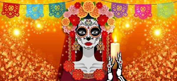 Day Dead Dia Los Muertos Sugar Skull Marigold Flowers Wreath — Stock Vector