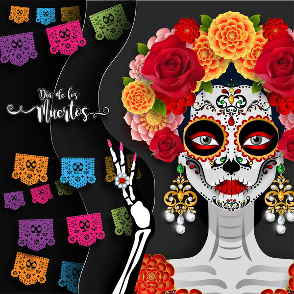 Day of the dead, Dia de los muertos, sugar skull with marigold flowers wreath on paper black color Background.