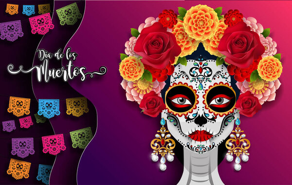 Day of the dead, Dia de los muertos, sugar skull with marigold flowers wreath on paper black color Background.