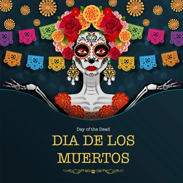 Día Los Muertos Día Los Muertos Calavera Azúcar Con Flores — Archivo Imágenes Vectoriales