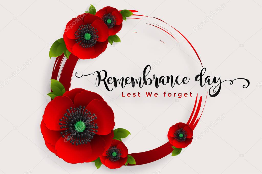 Remembrance day lest we forget. realistic red poppy flower international symbol of peace with paper cut art and craft style on color background.