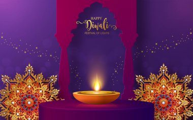 Diwali, Deepavali ya da Dipavali Hint Işık Festivali podyumunda altın diya, desenli ve kağıt üzerinde kristaller.